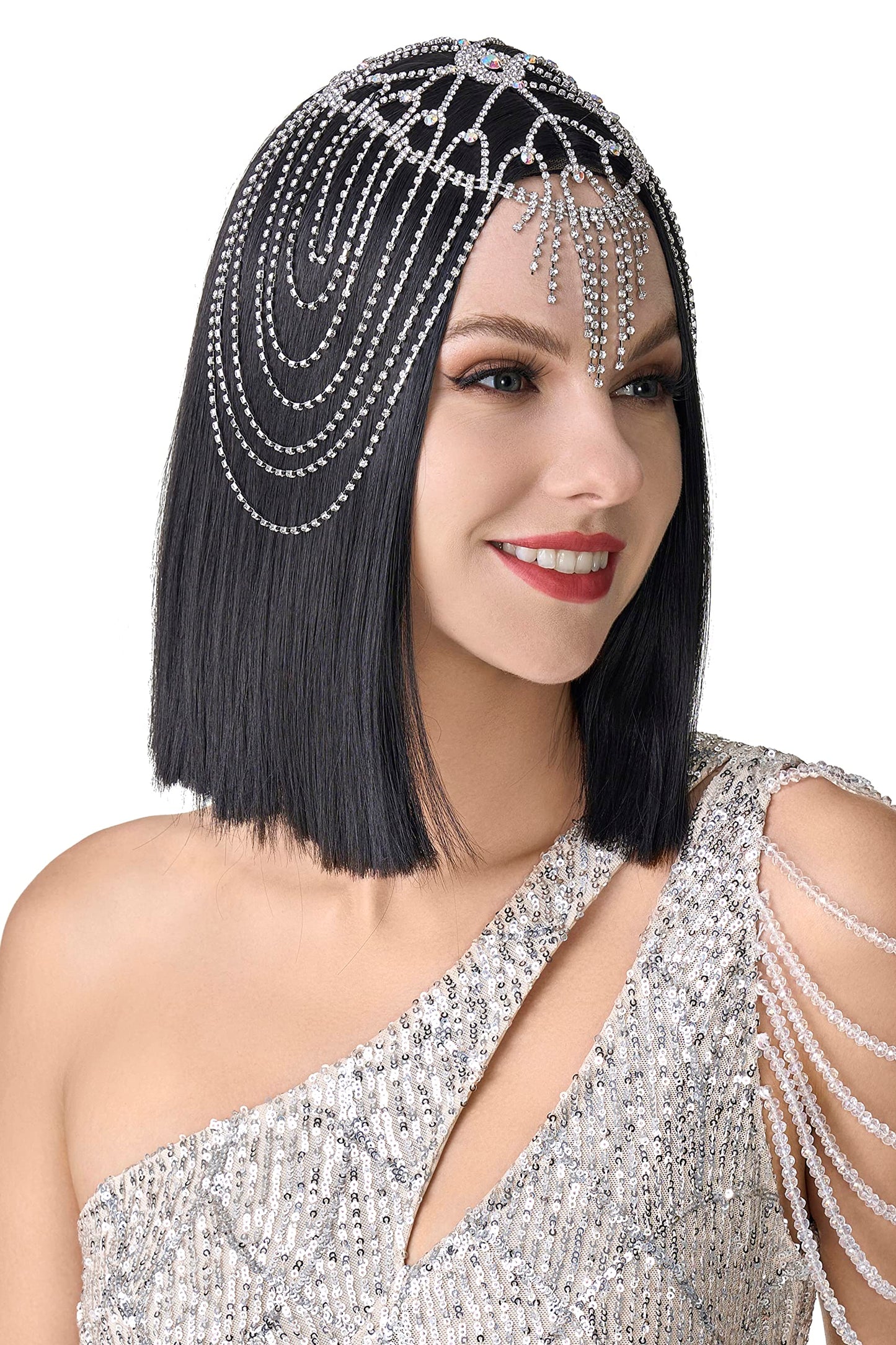 BABEYOND Vintage Style Roaring 20s Crystal Rhinestone Flapper Cap Headpiece Head Jewelry Chains