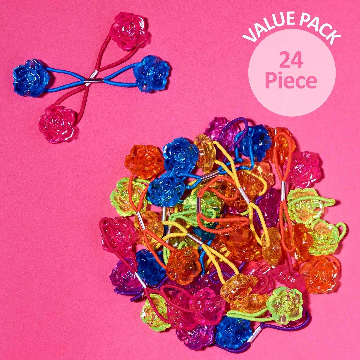 EXPRESSIONS Hairband 24-Piece Rose Twin Bead Ponytail Hair Elastics, Girls Value Pack