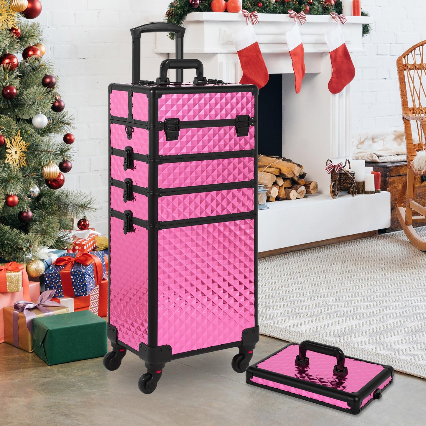 Somduy Rolling Makeup Case, Makeup Train Case with Lid, 5 in 1 Cosmetology Case on Wheels, Christmas Gift, Large Makeup Case Organizers, Profesional Cosmetic Case for Salon Barber, Rose Red