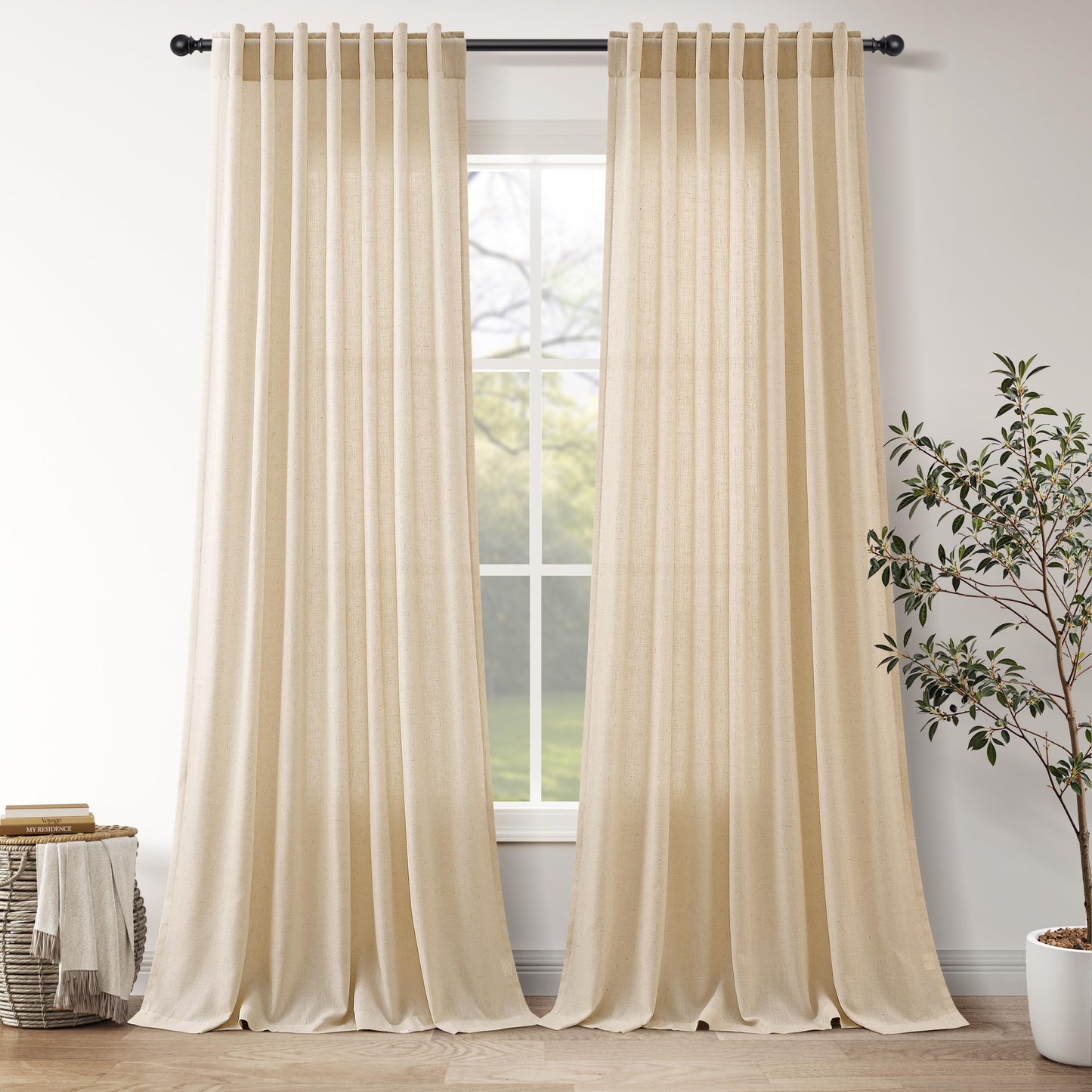 Nanspring Natural Linen Curtains for Kitchen Windows Over Sink - Cafe Curtain Semi Sheer with Rod Pocket and Back Tab Lightweight Rustic Textured Bistro Curtains for Bathroom, 2 Panels 25 x 24 Inch