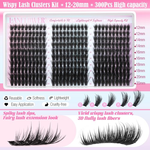 Lanflower Wispy Lash Clusters Kit Fairy Lash Extension Kit 300Pcs Wispy Eyelash Extension Kit Natural Cluster Eyelash Extensions Kit 12-20mm Eyelash Clusters CD Curl Individual Lashes Clusters