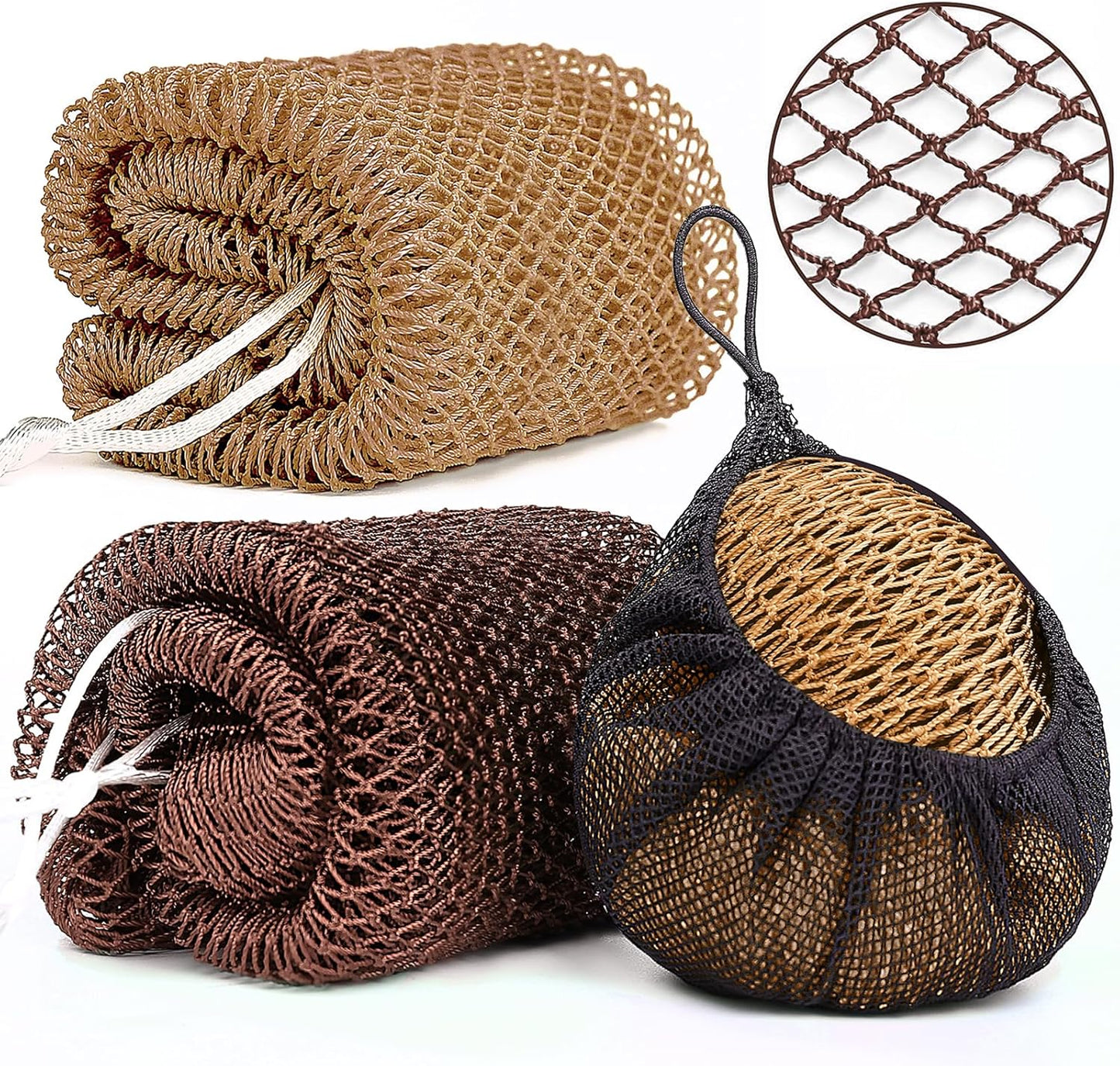 Skiennix African Net Sponge - Exfoliating Body Scrubber for Daily Use | 2 Pack (Dark Brown & Light Brown)