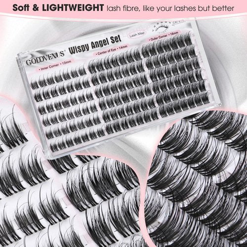 Goddvenus Wispy Natural Lash Clusters 12-14-16mm CC Curl DIY Cluster Eyelash Extensions for Clean Makeup, Individual False Eyelashes Cat Eye Lash Clusters