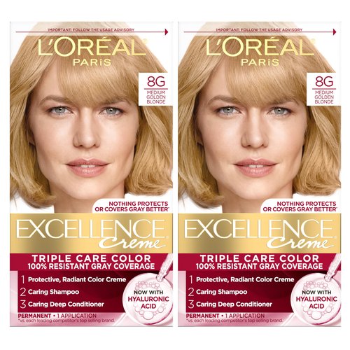 L'Oreal Paris Excellence Crème Permanent Hair Dye, Triple Care Hair Color with Hyaluronic Acid for 100% Gray Coverage, 8G Medium Golden Blonde, 1 Kit (Pack of 2) (Packaging May Vary)