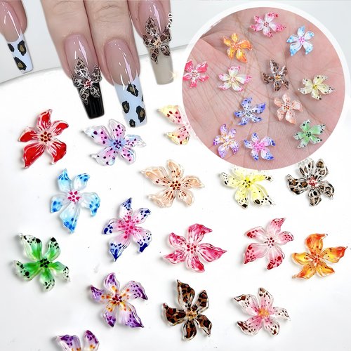 SHUXILIN 60PCS Flower Nail Art Charms 3D Hawaii Flowers Nail Rhinestones Hibiscus Floral Nail Gems Colorful Flower Nail Diamonds Summer Nail Jewelry Tiny Flowers Nail Design for Women Nail Supplies
