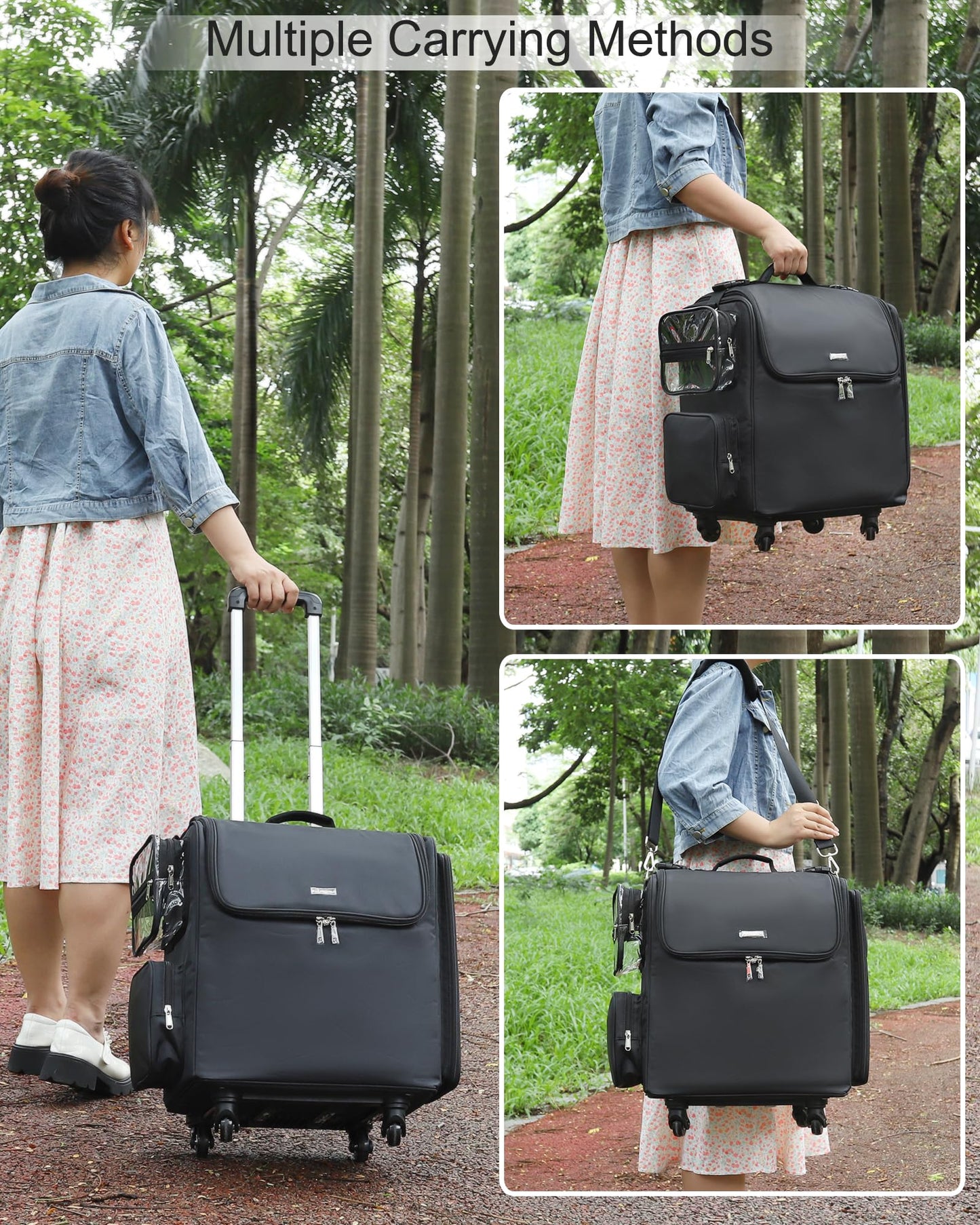 Relavel Rolling Makeup Train Case with 6 Pcs Clear Makeup Bags, Hairstylist Traveling Bag with 4 Wheels, Heat Insulation Full Layer, Adjustable Dividers, Hair Tools and Cosmetics Storage Organizer