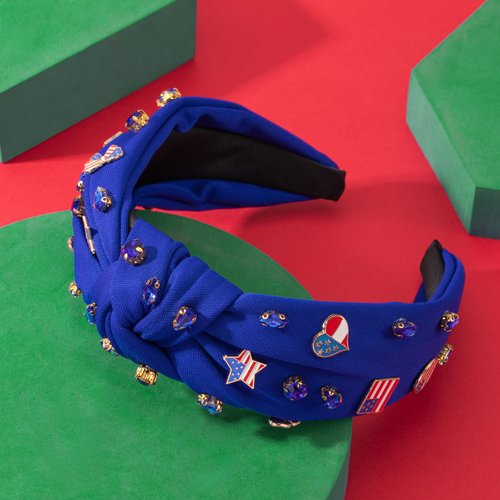 4th of July American Flag Star Charm Headband for Women Blue Crystal Top Knotted Blue Headband Patriotic American Map Heart Butterfly Charm Wide Hairband (14.7butterfly heart-blue)