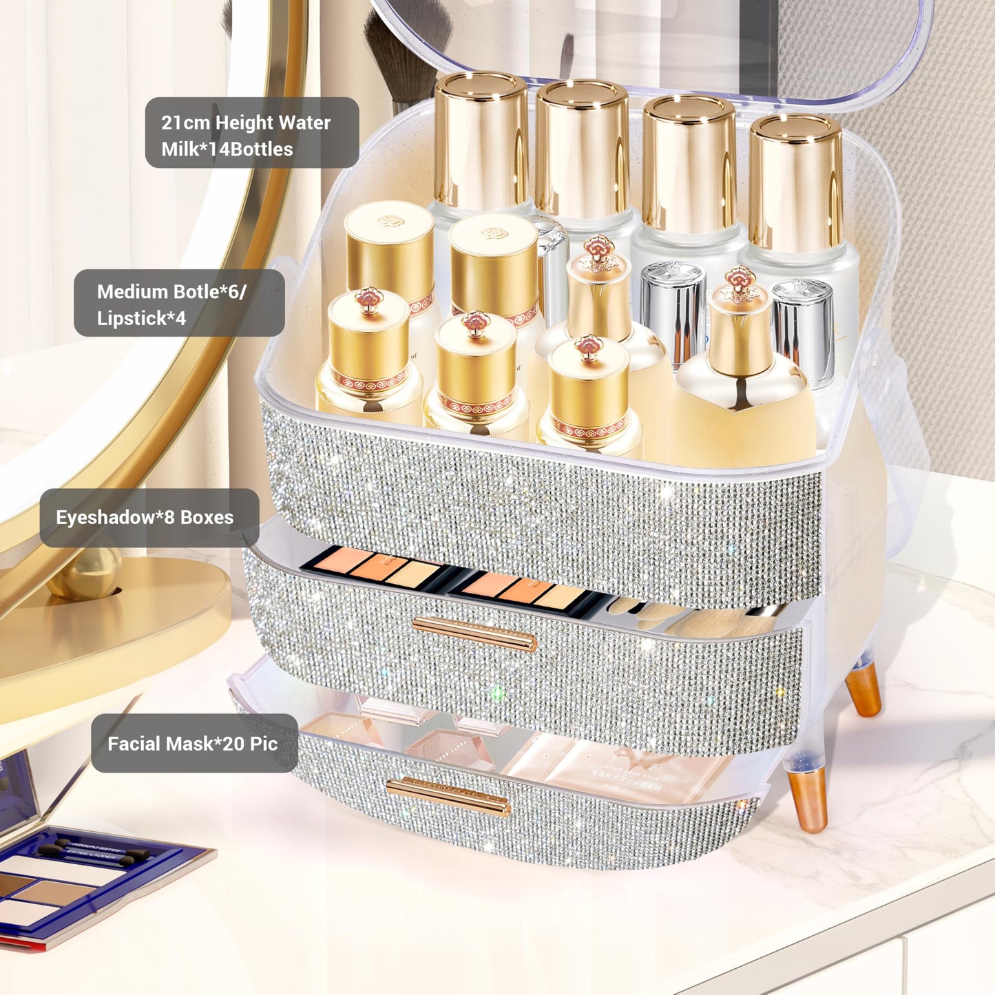 MASSY Egg Shape(Oval) Makeup Storage Box, Countertop Portable Vanity Cosmetics Organizer Preppy Style