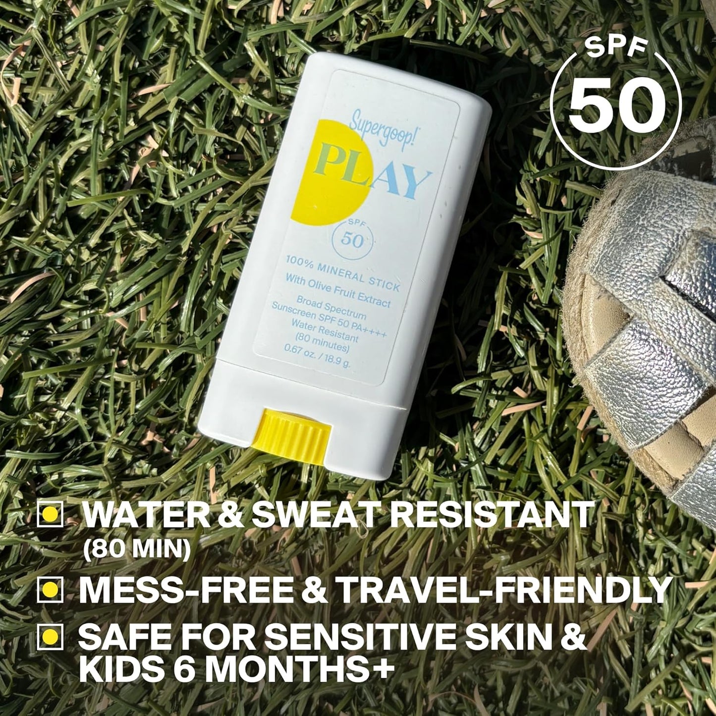 Supergoop! PLAY Mineral Stick SPF 50 | On-the-Go Broad Spectrum Face Sunscreen - Water Resistant - Vegan - 0.67 oz