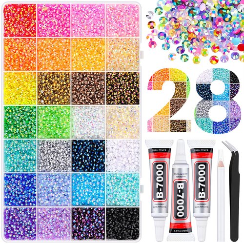 34000Pcs Resin Rhinestones with 3Pcs B7000 Jewelry Glue for Crafting, Multicolors 3mm Non Hotfix Flatback Gems, Bedazzling Crystal for DIY Crafts Clothing Tumblers Mugs Shoes Fabric Decor Nail Art