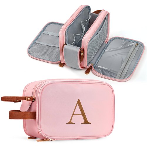 YOOLIFE Travel Toiletry Bag - Toiletry Bag for Women | Initial Makeup Bags Personalized Birthday Gifts for Women Teen Girls Gifts | Travel Essentials Large Capacity Letter A Pink