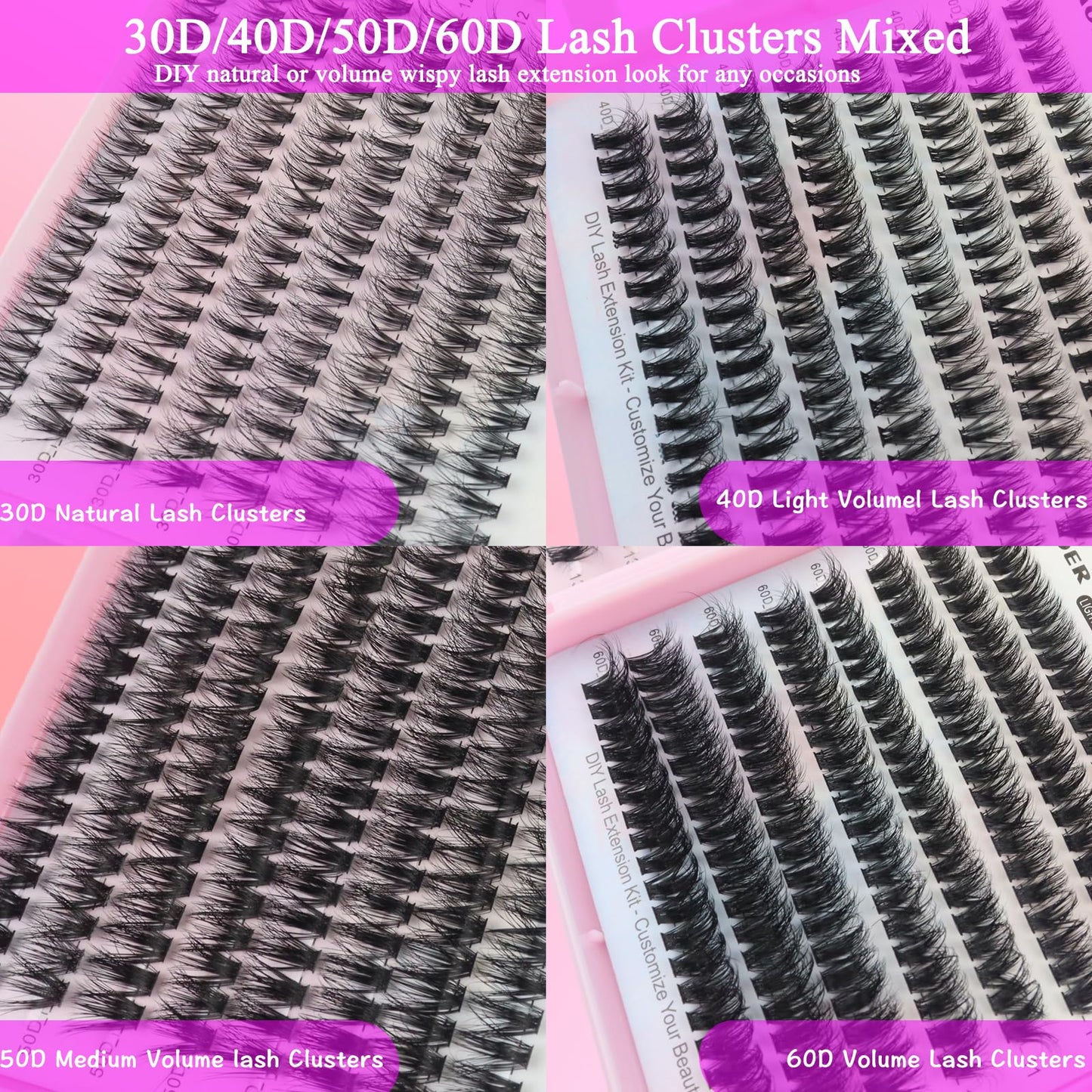 DAODER Wispy Lash Extension Kit 640Pcs Cluster Lashes Natural Look, Short Lash Clusters Kit 9-13mm 30D 40D 50D 60D D Curl Individual Lashes Kit with Lash Bond Seal Remover (30D+40D+50D+60D Kit 9-13mm)