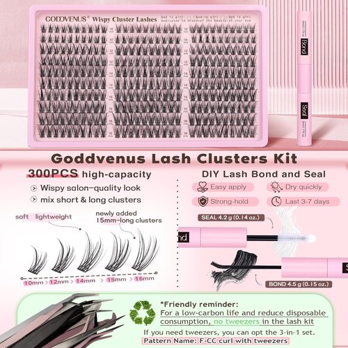 Goddvenus Lash Clusters Kit - Wispy DIY Eyelash Extensions | 300pcs C Curl 10-16mm Natural Look