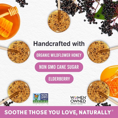 MommaBear Natural Sore Throat Care Lollipops - Organic Elderberry & Honey Cough Relief | 10 Pack, No Artificial Additives