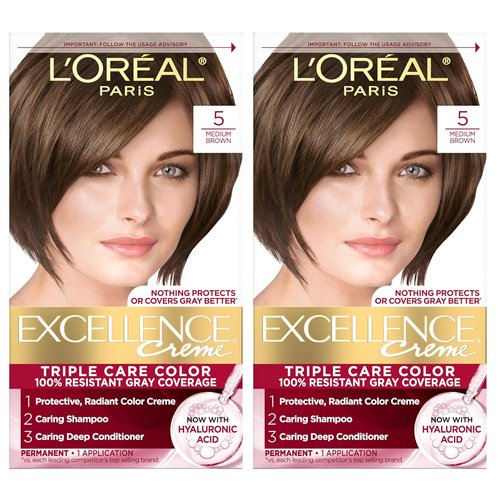 L'Oreal Paris Excellence Crème Hair Dye - Triple Care Formula for 100% Gray Coverage | 5 Medium Brown, 2 Kits