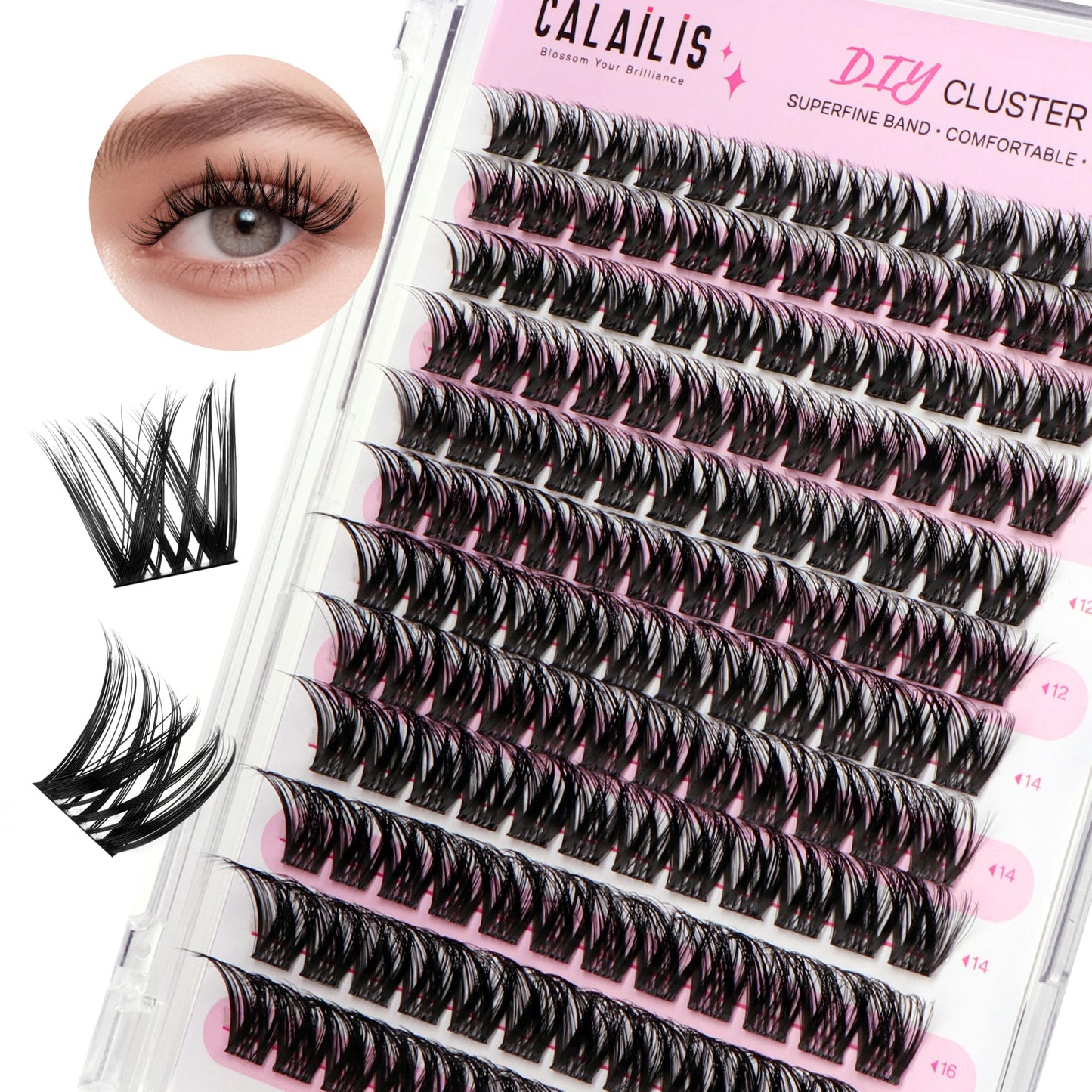 CALAILIS Lash Clusters, 144Pcs D Curl Cluster Lashes DIY Lash Extensions Mega Volume Wispy Eyelash Clusters Reusable Individual Lashes Super Thin Band and Soft (HD05, D-10-16MIX)