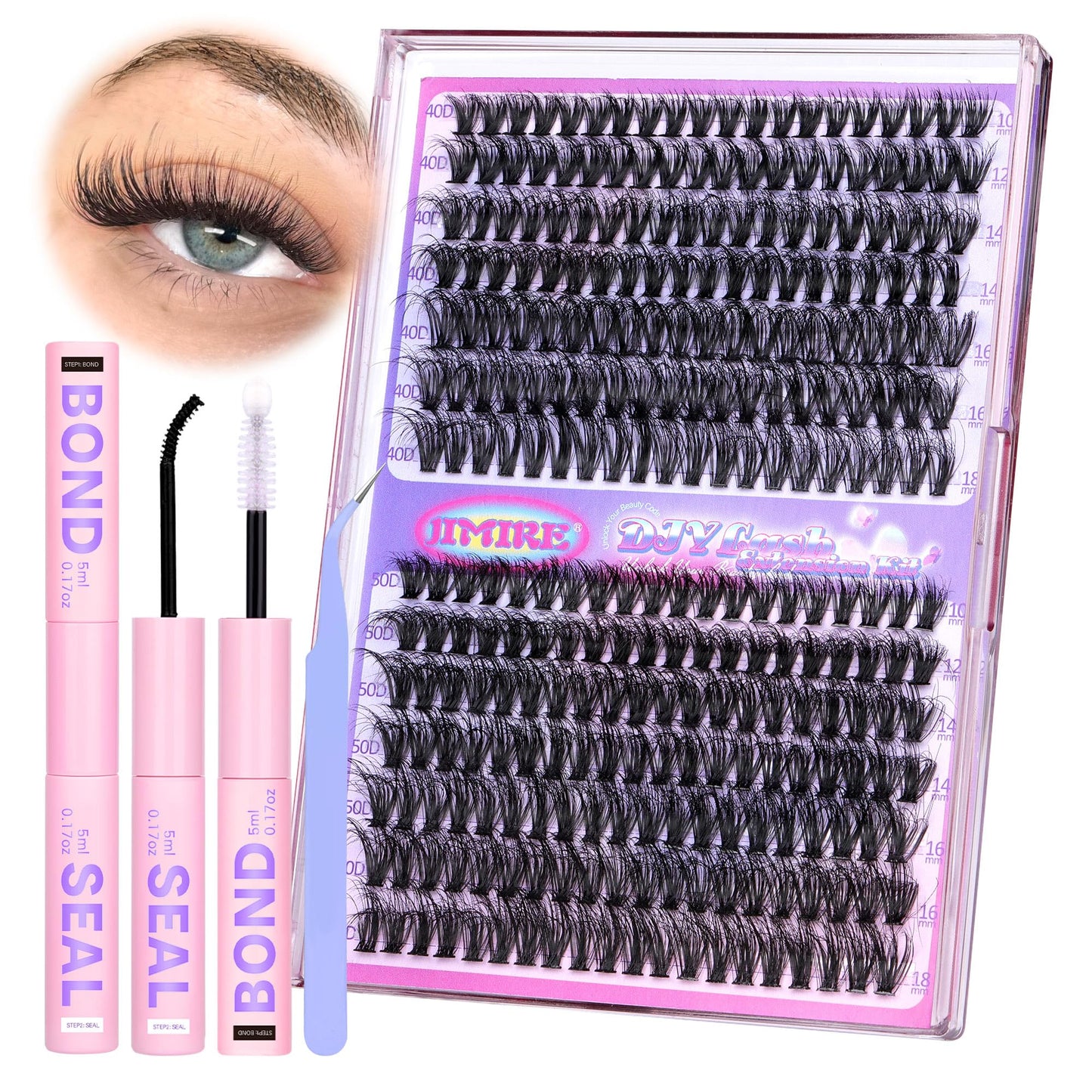 JIMIRE Fluffy Lash Clusters Kit 280Pcs Eyelash Extension Kit with Lash Bond and Seal D Curl 10-18MM Individual Lashes Wispy 40D+ 50D DIY Lash Clusters Eyelash Extensions at Home