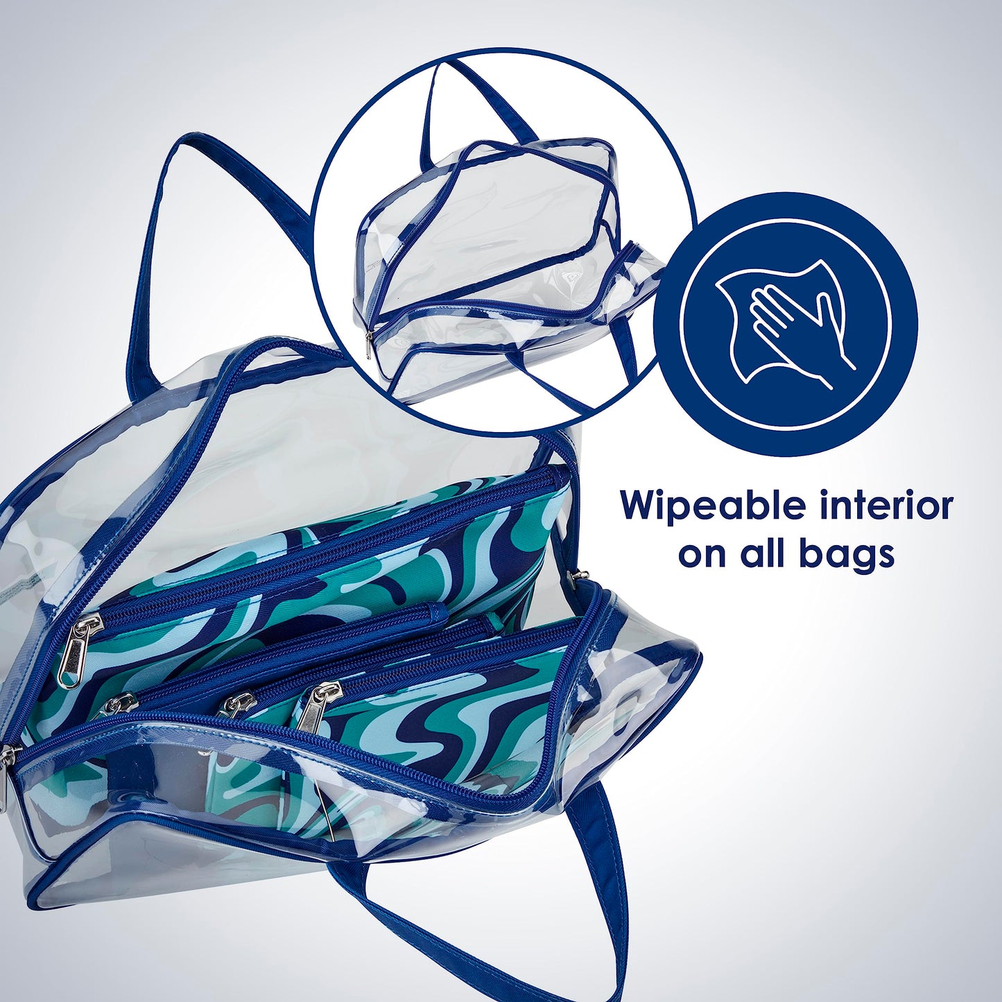 Conair 5 Piece Toiletry and Cosmetic Bag Set Under $30, Includes 1 Large Weekender Bag and 4 Organizer Bags in Blue Swirl Prints