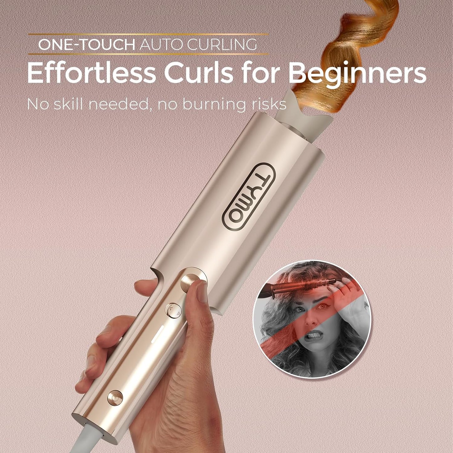 TYMO CurlPro Plus Automatic Curling Iron - Upgraded Long Barrel Ceramic Curler for Long Hair, 1.25 Inch, Gold