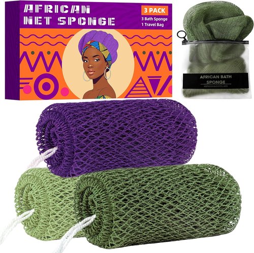 African Net Sponge | Authentic Exfoliating Bath Scrubber Set - 3 Pieces for All Skin Types (Dark Green, Light Green, Purple)