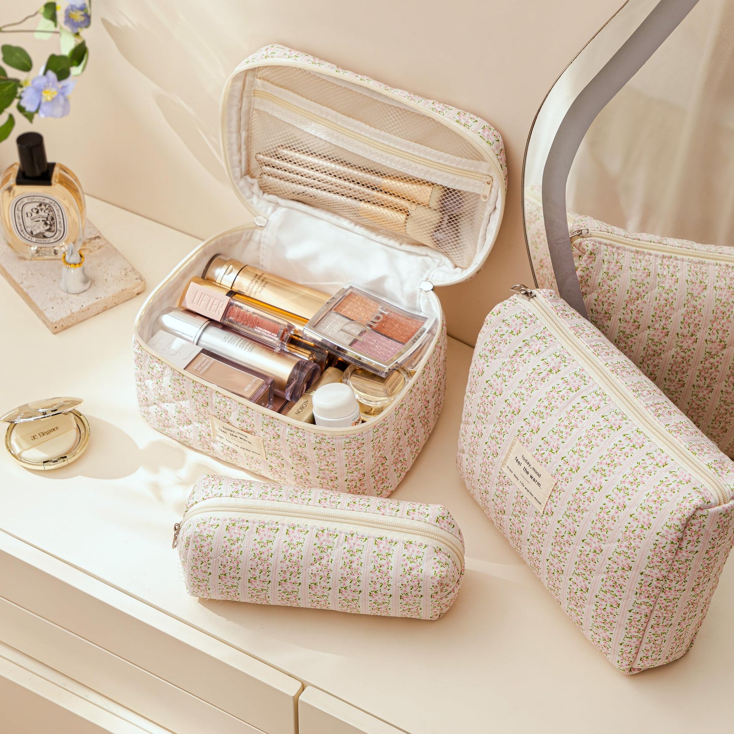 HBselect Quilted Makeup Bag, 3PCS Cotton Large Travel Makeup Bag, Cute Floral Coquette Make up Bag Cosmetic Bag Toiletry Bag for Women Girls