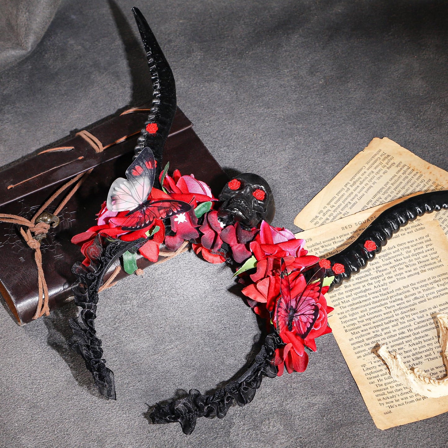 MOSTORY Handmade Black Goat Horns Headband - Gothic Hallween Hairband with Skull Dark Headband with Red Flower for Renaissance Goth Wedding Cosplay Witch Photo Prop