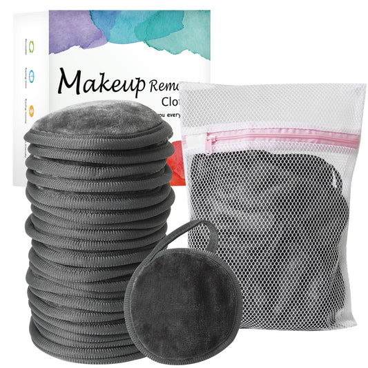 Nugilla 20 Packs Reusable Makeup Remover Pads with a Washable Laundry Bag, Microfiber Towel Clean Skin Face Towels, Soft Makeup Remover Cloth, Fast Drying Washcloth (Grey)