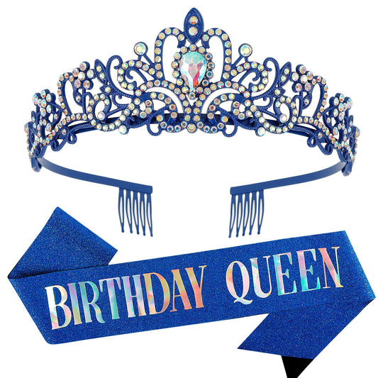 "Birthday Queen" Sash and Crystal Tiara Set Tiara and Crowns for Women COCIDE Birthday Gift for Girl Kit Decorations Set Rhinestone Hair Accessories Glitter Stain Silk Sash for Party