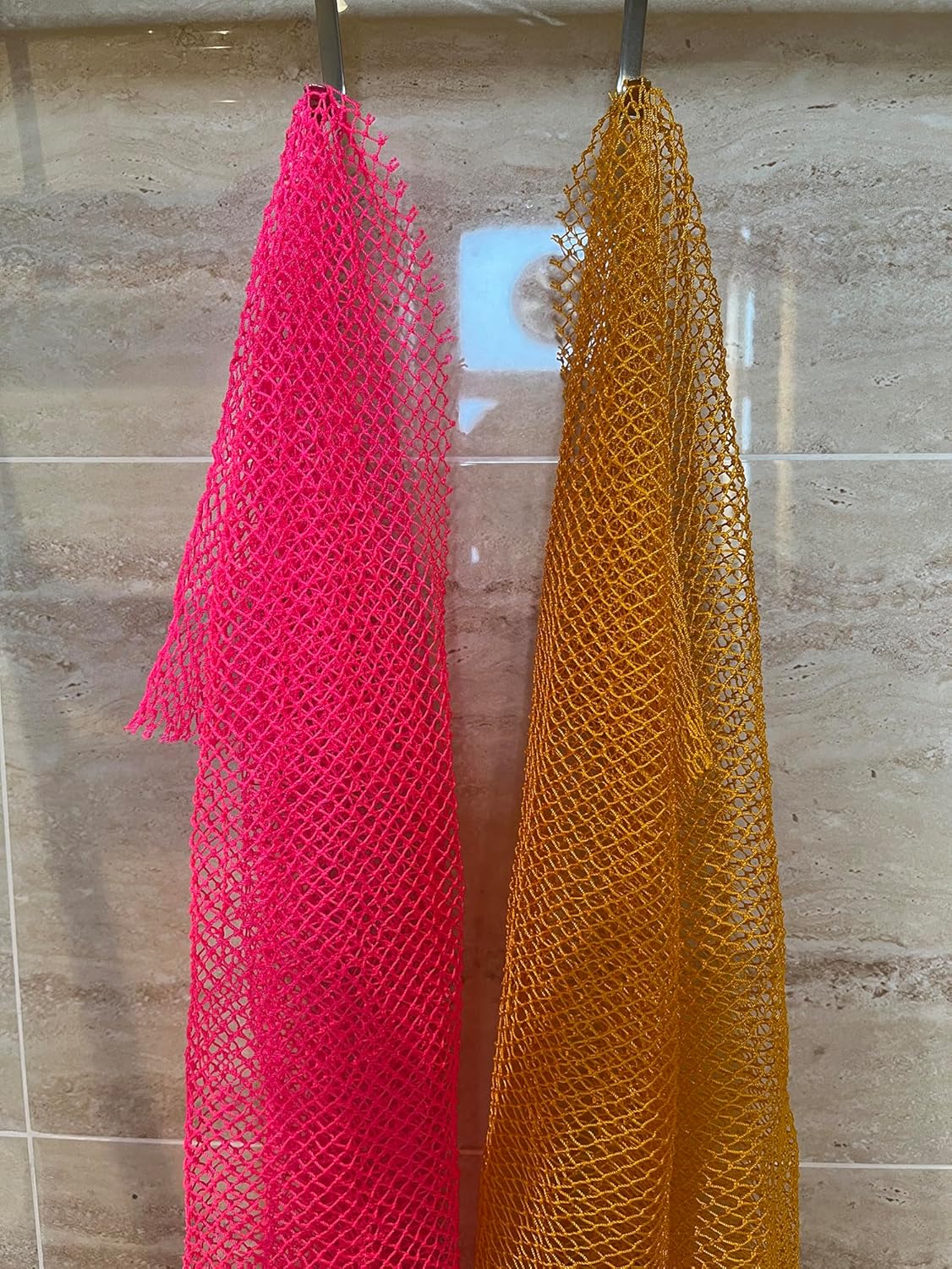 Skiennix African Exfoliating Net Sponge - 2-Piece Long Bath Scrubber Set | Pink & Orange, 63" Stretch