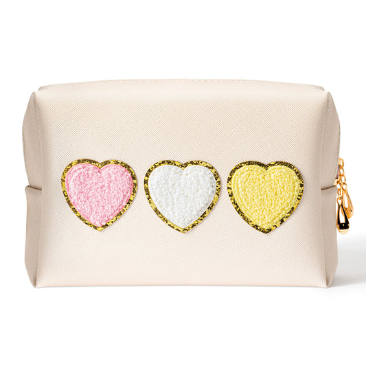 Cute Heart Cosmetic Bag - Preppy Patch Large Toiletry Bag PU Leather Makeup Bag Portable Waterproof Bag Travel Organizer Birthday Gifts Travel Purse Toiletry Organizer for Women Girls