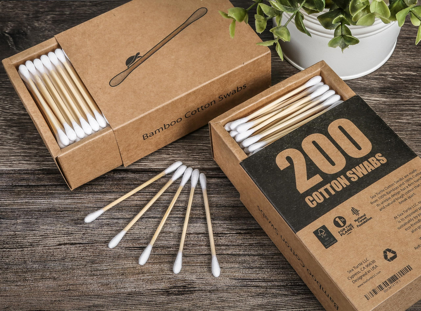 Sea Turtle Bamboo Cotton Swabs (200 Count) - Vegan, Eco Friendly, Organic, Double Tips, Plastic Free Wooden Ear Sticks, All Natural 100% Biodegradable Cotton Buds