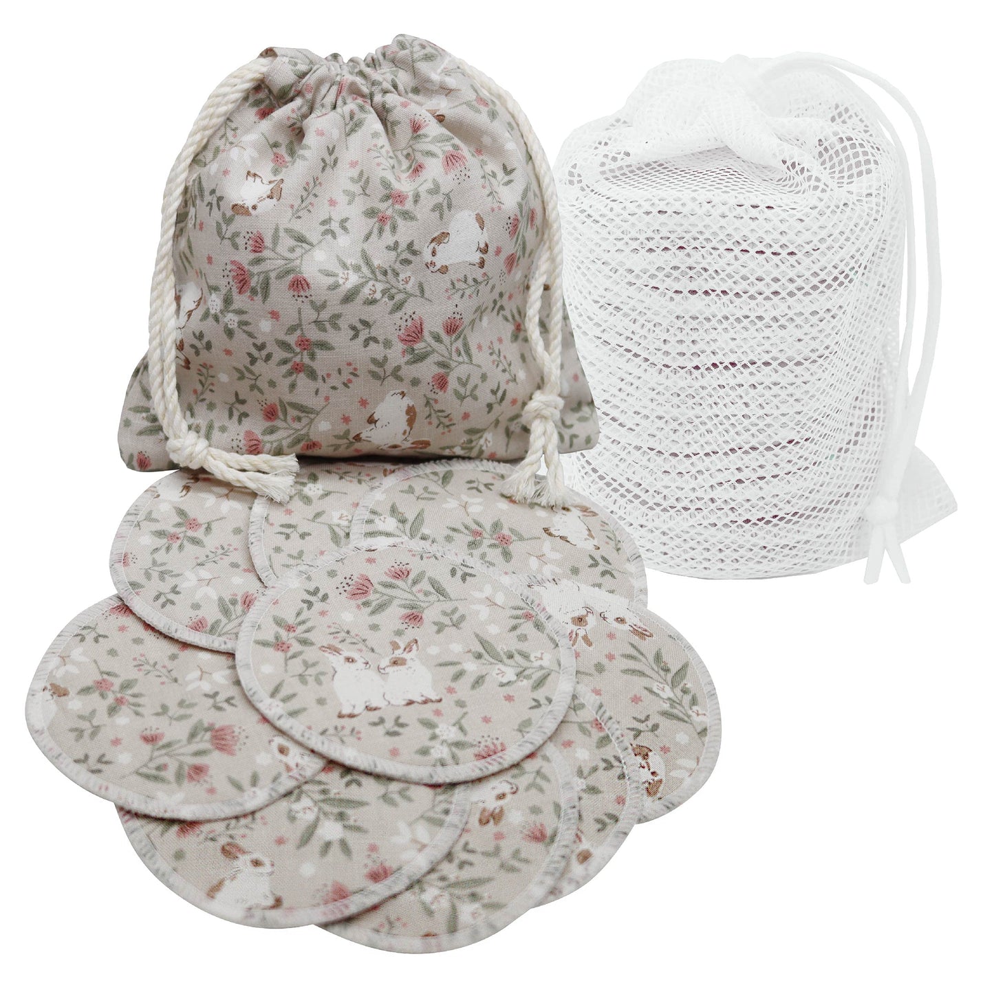 Handmade by AVO - 8 Reusable Pads, Makeup Remover, Quilted Organic Cotton Rounds, Pads Facial Rounds Fabric Pouch Laundry Bag (Rabbit)