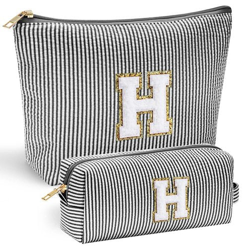 YOOLIFE Initial Monogram Cute Makeup Bags - Cosmetic Toiletry Pouch for Women's Friendship, Personalized Birthday Gifts - Black