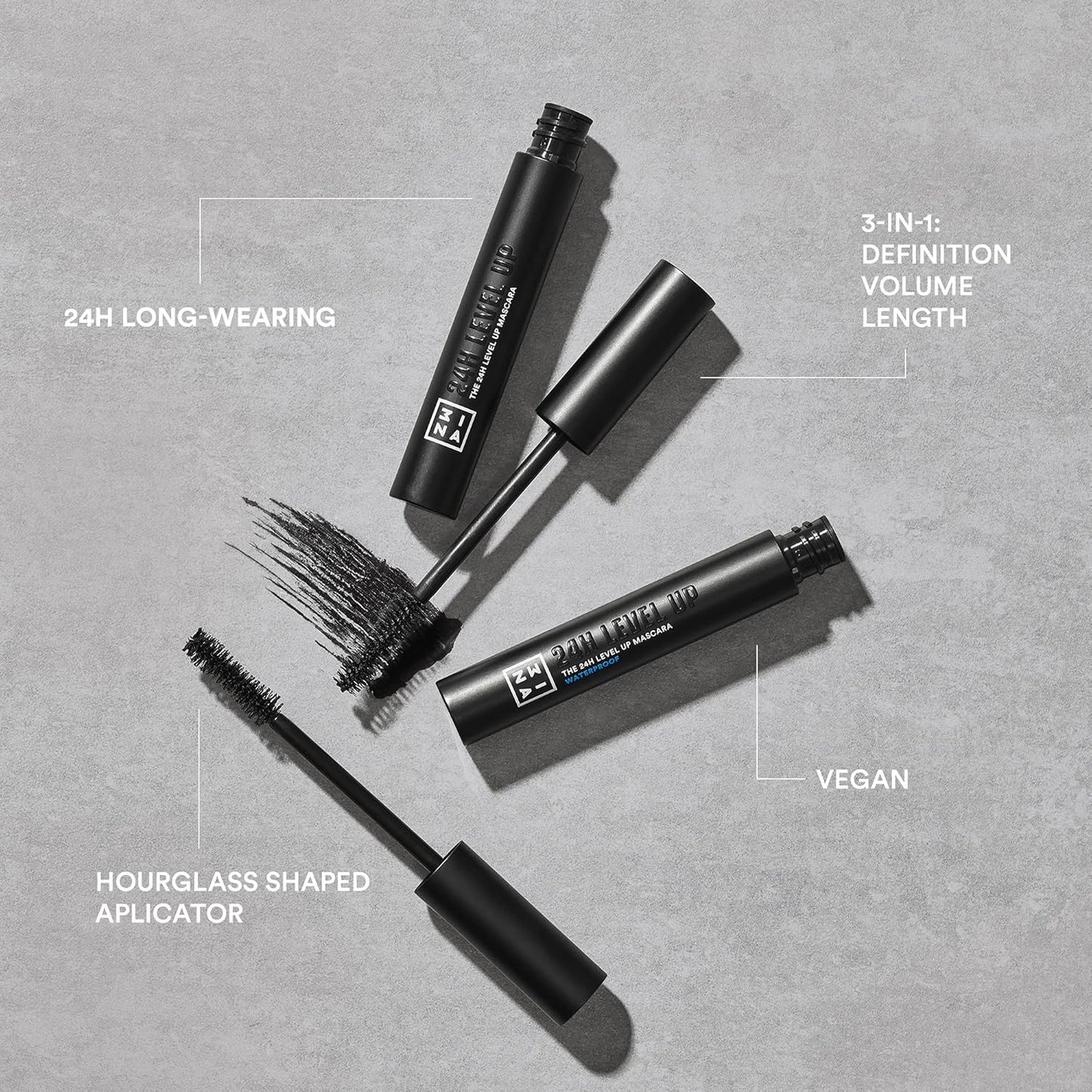 3INA MAKEUP - 24H Level Up Waterproof Mascara - Black Volume & Length with Hourglass Wand - Vegan & Cruelty-Free