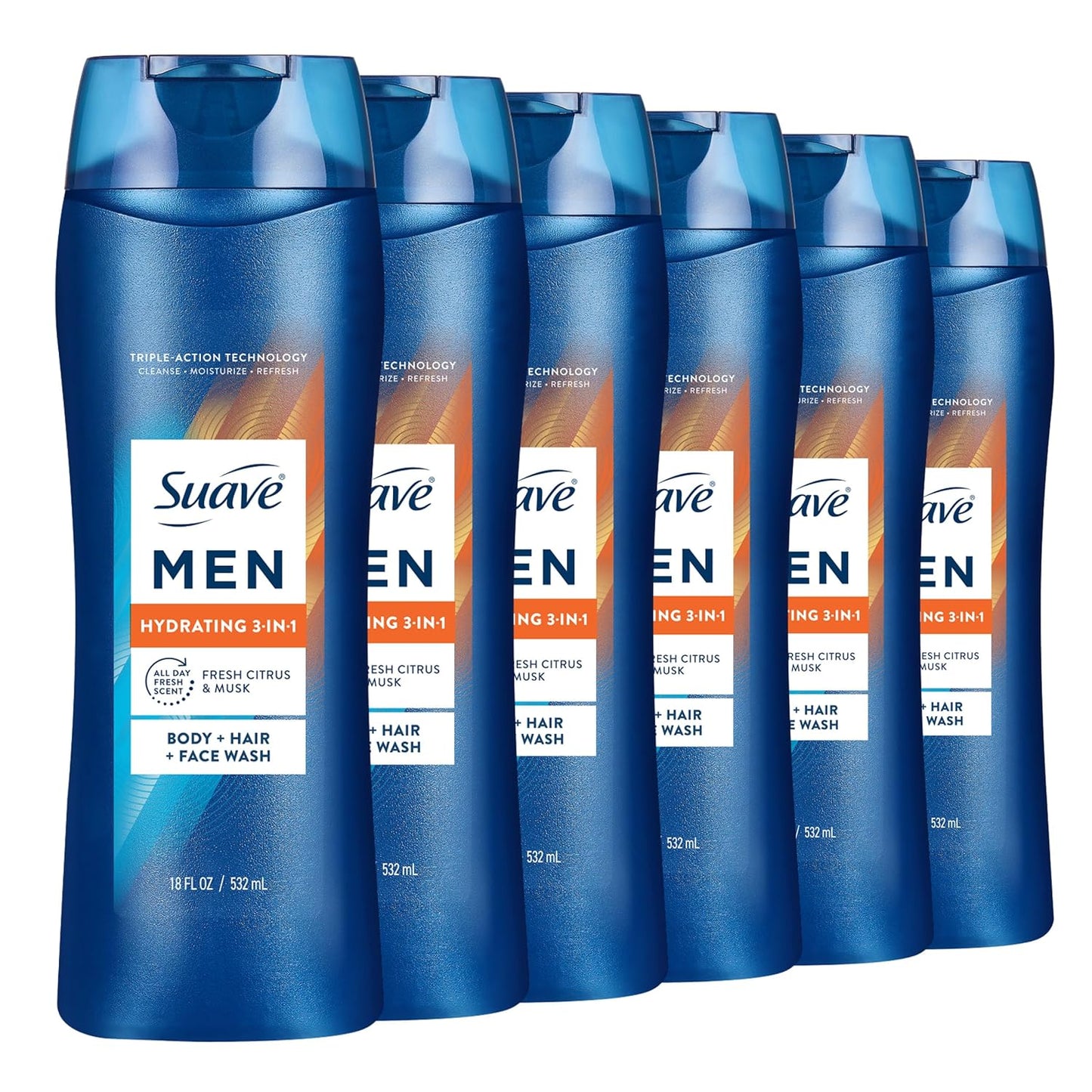 Suave Men 3-in-1 Body Wash - Hydrating Hair & Face Cleanser with Glycerin & Vitamin E | 18 FL OZ, 6 Count