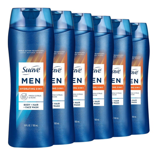 Suave Men 3-in-1 Body Wash - Hydrating Hair & Face Cleanser with Glycerin & Vitamin E | 18 FL OZ, 6 Count