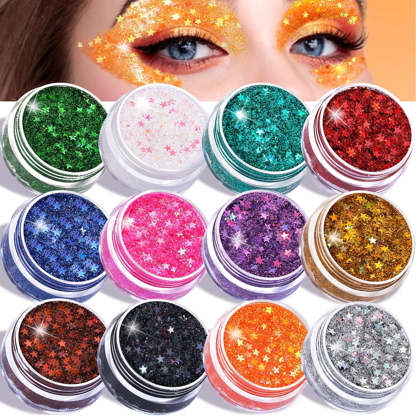 Teenitor Face Glitter Gel Set, No Glue Body Glitter, Festival Makeup Glitter for Face, Body, Hair, Total 120g/4.23oz, 12 Color