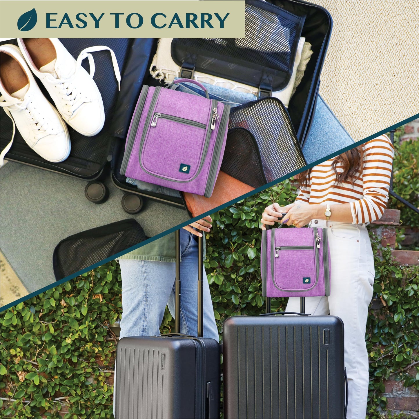 PAVILIA Toiletry Bag Travel Bag for Women Men, Hanging Cosmetic Organizer, Water Resistant Makeup Bag for Accessories Toiletries, Large Travel Essentials Kit (Purple)