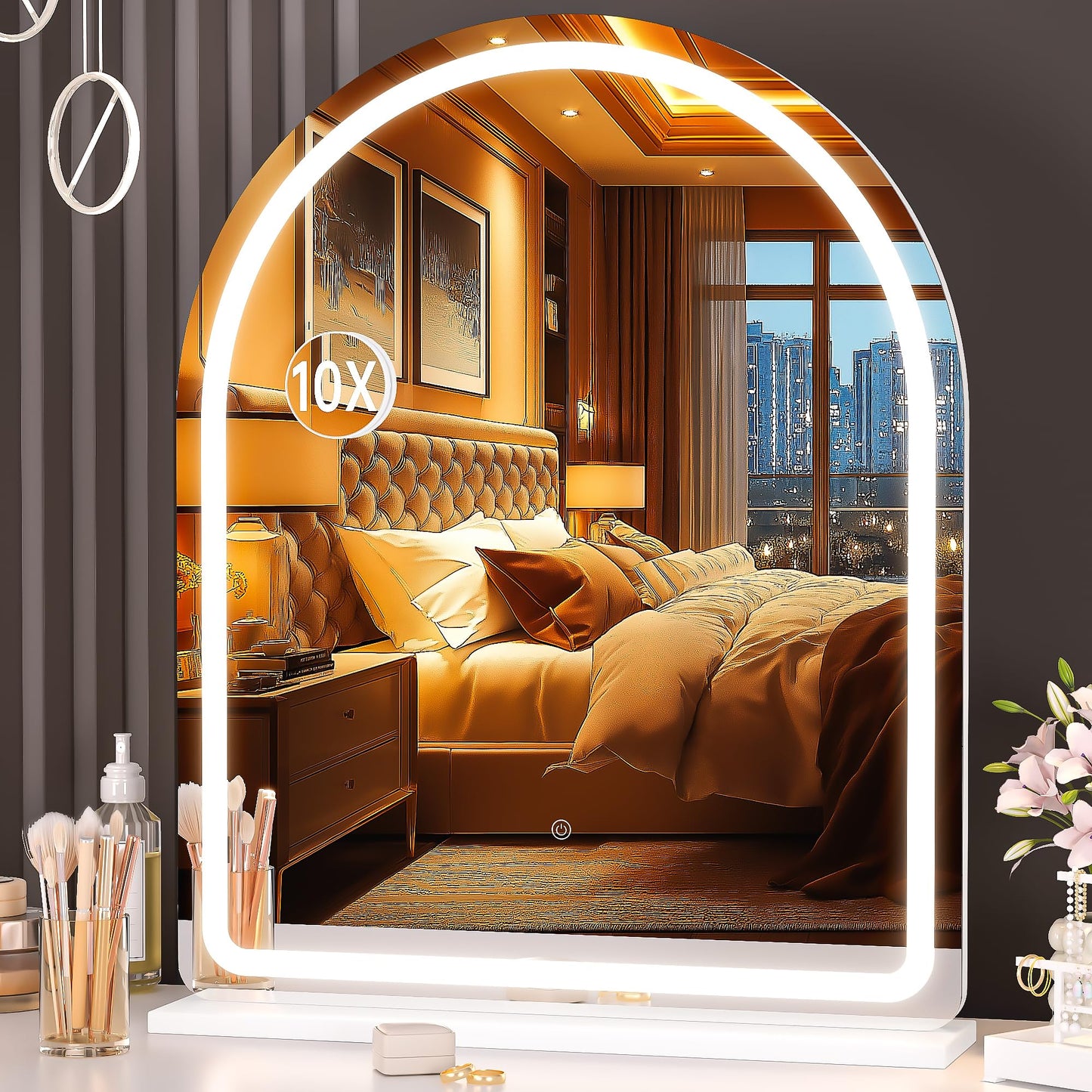 Hasipu Vanity Mirror with Lights, 26"× 30" Arched LED Makeup Mirror, Lighted Desktop Makeup Mirror with Lights, Smart Touch Control Dimmable 3 Modes Light White