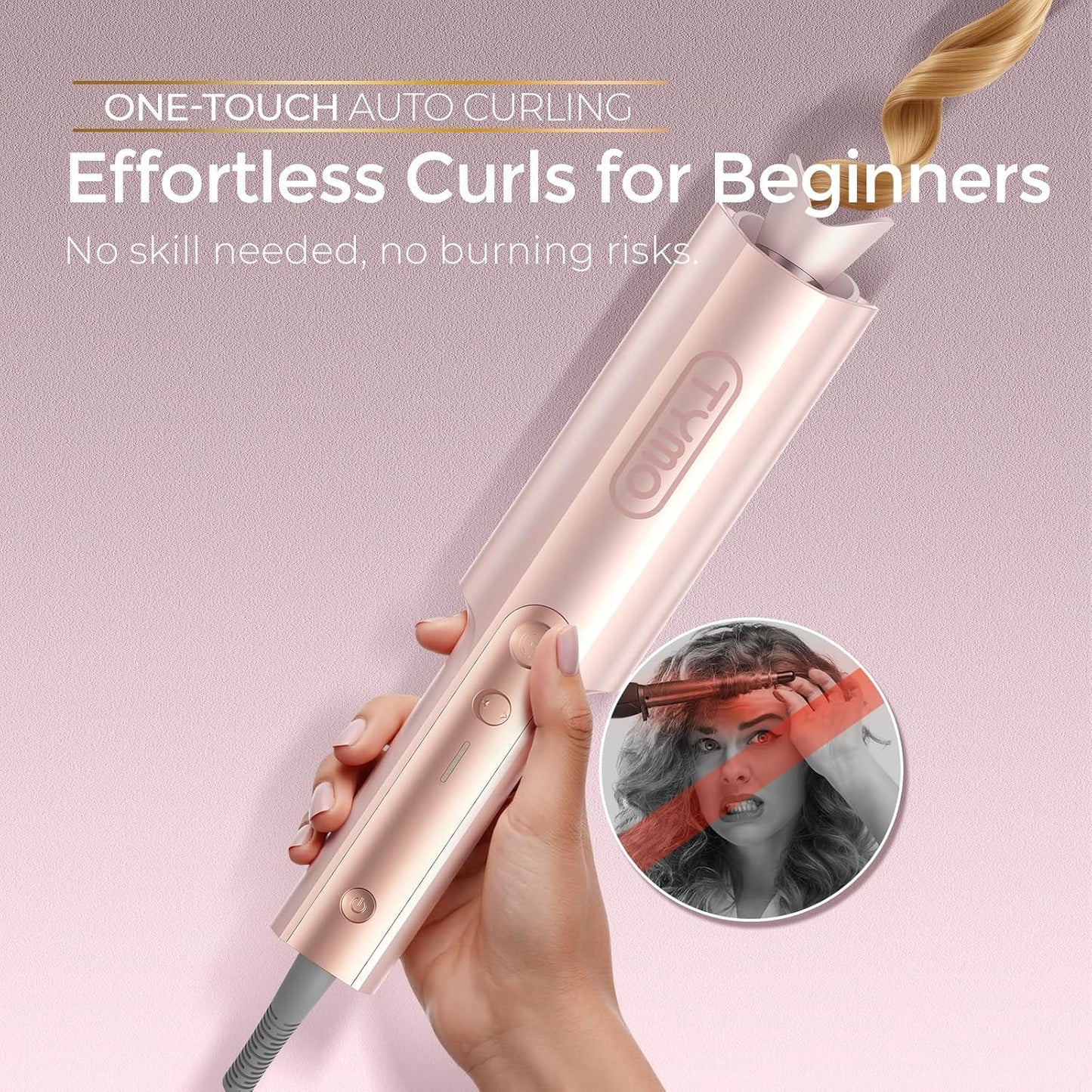 TYMO CurlPro Plus Automatic Curling Iron - 1-Inch Long Barrel Ceramic Curler for Long Hair, Gold Blush