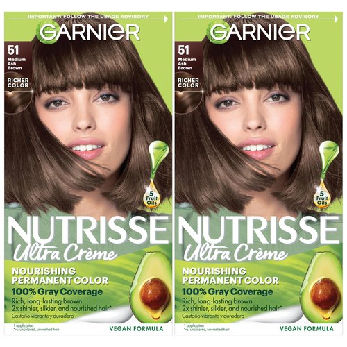 Garnier Nutrisse Ultra Crème Hair Color, Permanent Hair Dye with 100% Gray Coverage, Vegan & Cruelty-Free, 51 Medium Ash Brown (Cool Tea), 2 Count