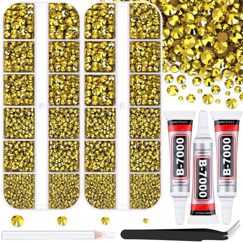 12100Pcs Resin Rhinestones for Crafting with 3Pcs 10ml B7000 Jewelry Glue, 2 Boxes Flatback Crystals Diamond (Bright Gold) for Bedazzling Crafts DIY Nail Art，Non Hotfix Gems for Clothing Shoes