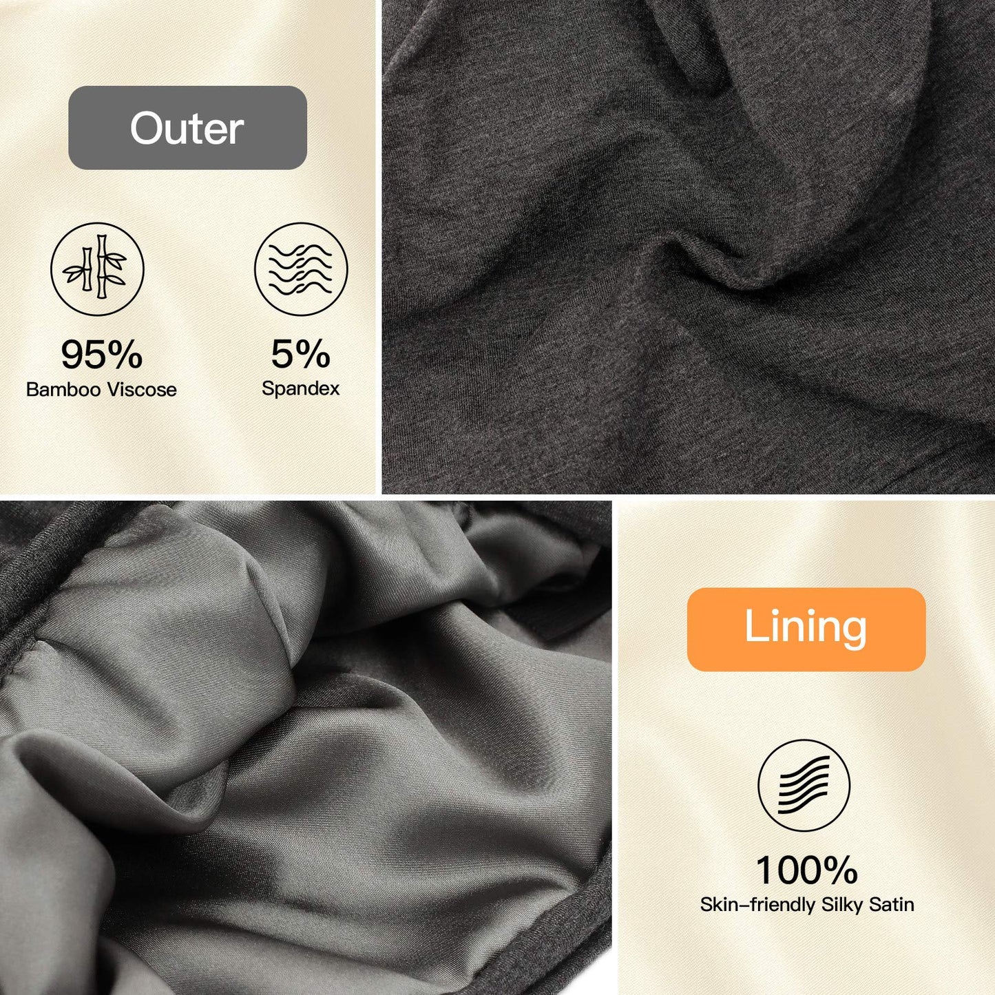 Silk Satin Lined Bonnet Sleep Cap - Adjustable Stay on All Night Hair Wrap Cover Slouchy Beanie for Curly Hair Protection for Women and Men - Solid Dark Grey