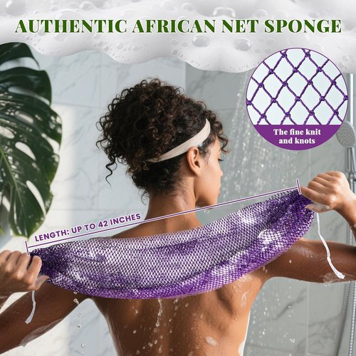 African Net Sponge - Exfoliating Bath Scrubber Set | 3 Pieces for All Skin Types - Gentle Loofah in Purple, Pink, Dark Green