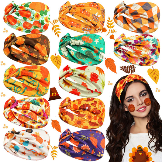 Waydress 12 Pcs Fall Nurse Headbands for Nurse Fall Hair Accessories for Women Pumpkin Maple Leaf Stretchy Breathable Non Slip Hair Bands for Costume Party