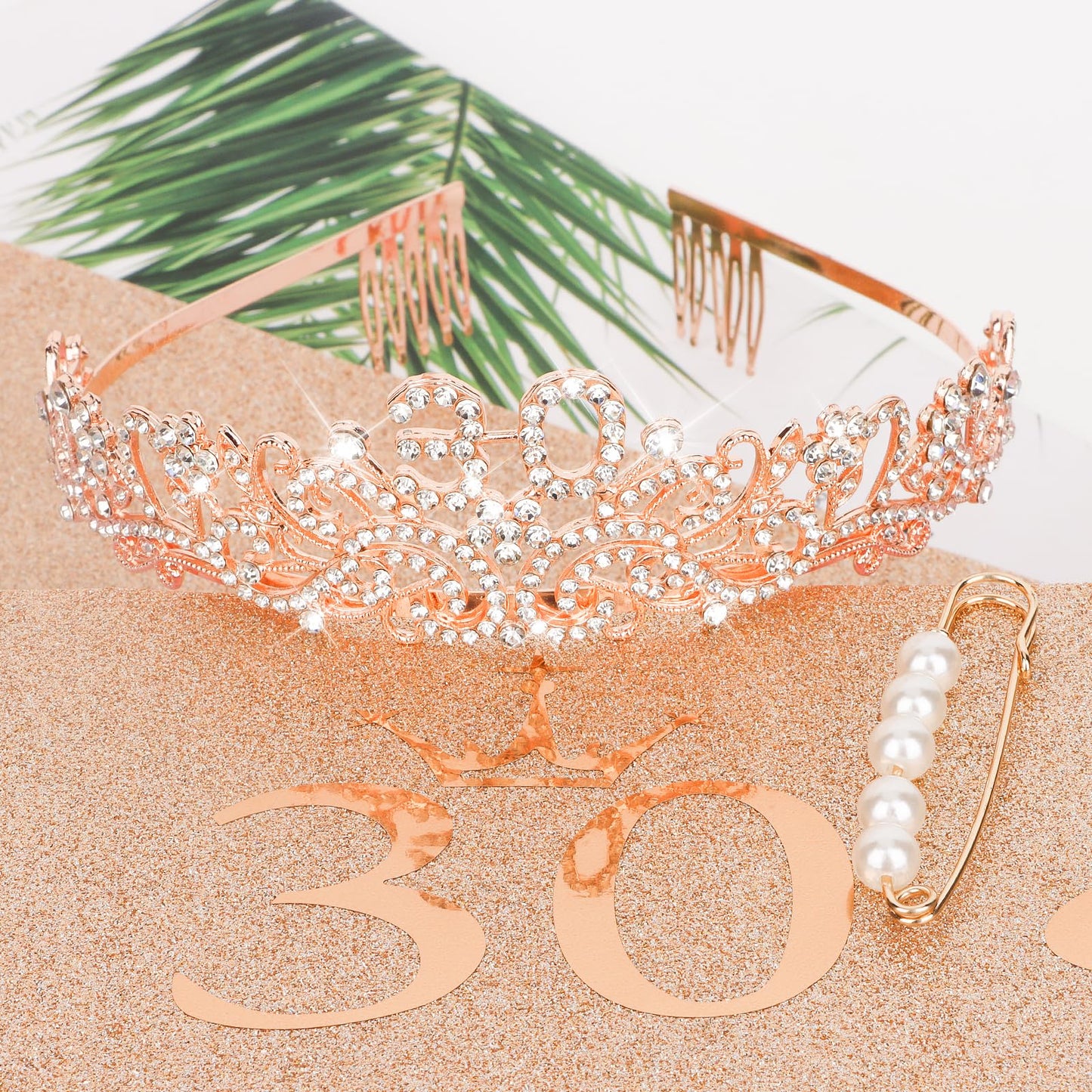 CIEHER 30th Birthday Crown + 30th Birthday Sash + Pearl Pin Set, 30th Birthday Decorations for Women 30th Birthday Gifts for Her 30 Cake Topper