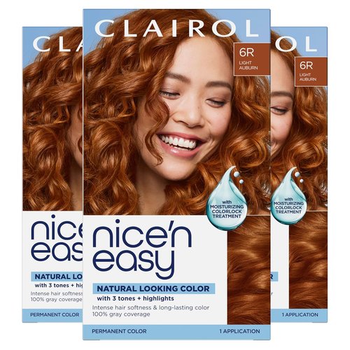 Clairol Nice'n Easy Permanent Hair Dye - 6R Light Auburn Color, Pack of 3 | Long-Lasting Results