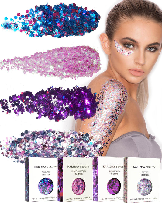 KARIZMA Enchanted Glitter Pack! 4x 10g Chunky Face Glitter, Hair Glitter, Eye Glitter and Body Glitter for Women and Men. Rave Glitter, Festival Accessories and Cosmetic Glitter Makeup.