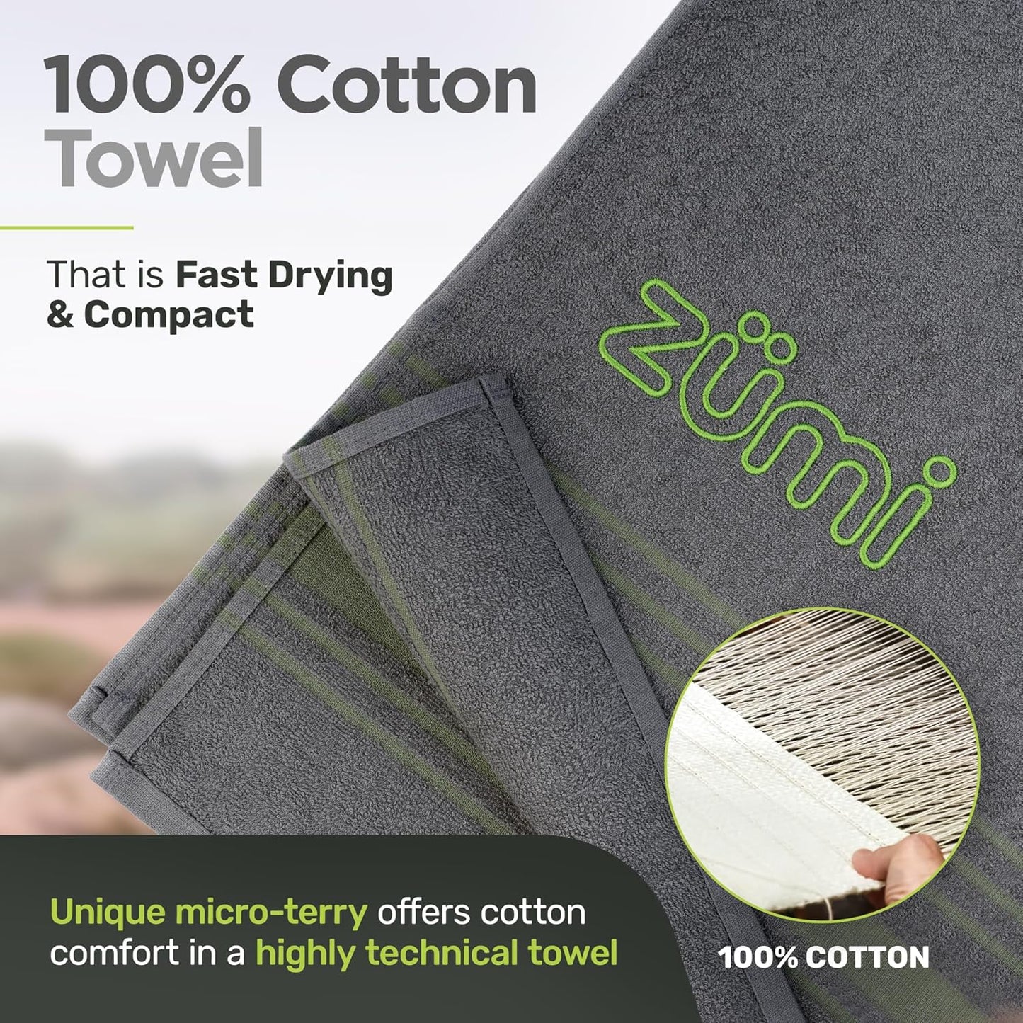 Zumi 100% Cotton Quick Dry Travel Towel - Soft, Compact & Highly Absorbent for Beach, Gym & More - Gray