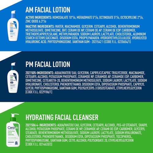 CeraVe AM Face Moisturizer with SPF, PM Face Moisturizer & Hydrating Face Wash Skin Care Routine for Morning & Night | Travel Size Toiletries | 3oz Lotion + 3oz Lotion + 3oz Cleanser